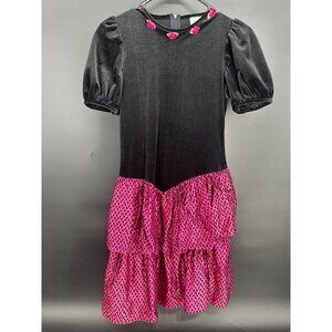 Vintage 80s/90s Kids Sz 14 Pink Black Ruffle Dress With Roses Ribbon Detail Made